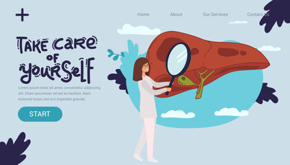 landing page Vector of a doctors examining patient liver, performing lab tests, biopsy, molecular analysis