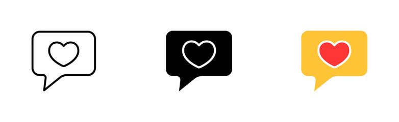 Meeting website set icon. Speech bubble, like, heart, sympathy, anniversary, care, couple, love view Valentine day concept. Vector icon in line, black and colorful style on white background