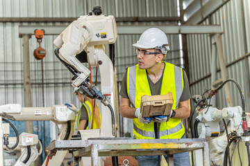 A team of male and female engineers meeting to inspect computer-controlled steel welding robots. Plan for rehearsals and installation for use.