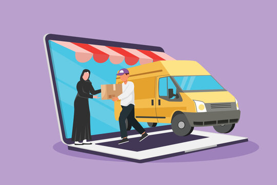 Character flat drawing delivery box car comes out from giant laptop screen and male courier give package box to Arabian female customer. Online store transportation. Cartoon design vector illustration