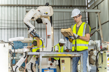 A team of male and female engineers meeting to inspect computer-controlled steel welding robots. Plan for rehearsals and installation for use.