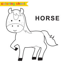 Cute farm animal coloring page. Cute and funny the brown horse cartoon character. Coloring worksheet for preschool children. Vector illustration. The horse at the farm.