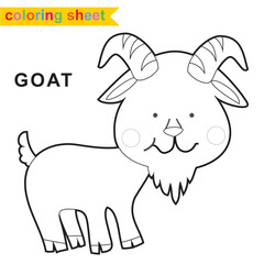 Cute farm animal coloring page. Cute and funny goat cartoon character. Coloring worksheet for preschool children. Vector illustration. The goat at the farm.
