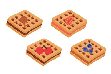 Waffle icon with various fillings. Vector illustration of waffles, pastries for breakfast, sweet snack