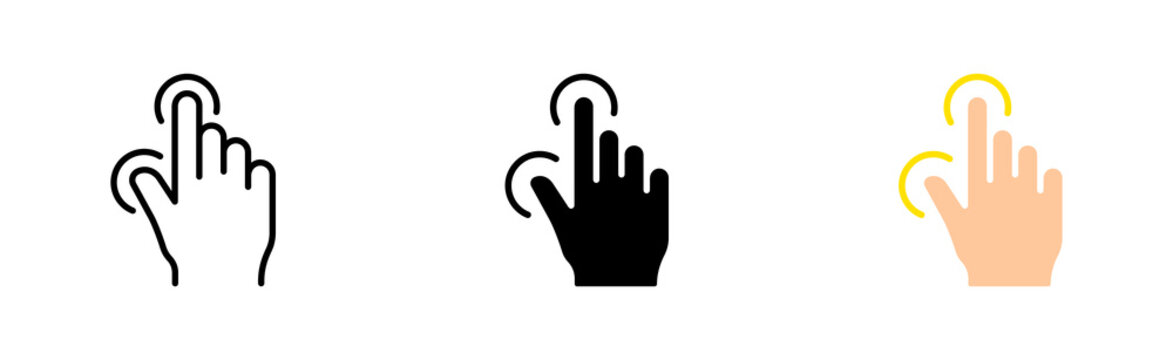 Scrolling set icon. Index finger, brush, tapping, sliding, Click, waiting, cursor, arrow, hourglass, typing. Pressing concept. Vector icon in line, black and colorful style on white background