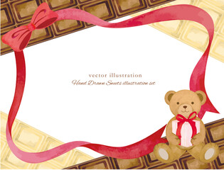 手書きのチョコとくまとリボンのバレンタインのフレーム