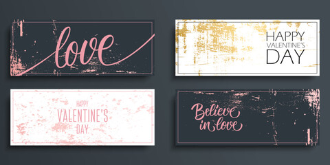 Valentines Day horizontal banners set. February 14, Happy Valentine's Day holiday greetings with grunge textures collection. Vector Illustration.