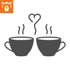 Two lovely mugs solid icon, glyph style icon for web site or mobile app, dating and valentines day, hot cups vector icon, simple vector illustration, vector graphics with editable strokes.