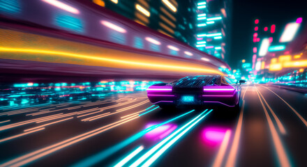 Speeding Sports Car On Neon Highway. Powerful acceleration of a supercar on a night track with colorful lights and trails. Lights of cars with night, long exposure.	