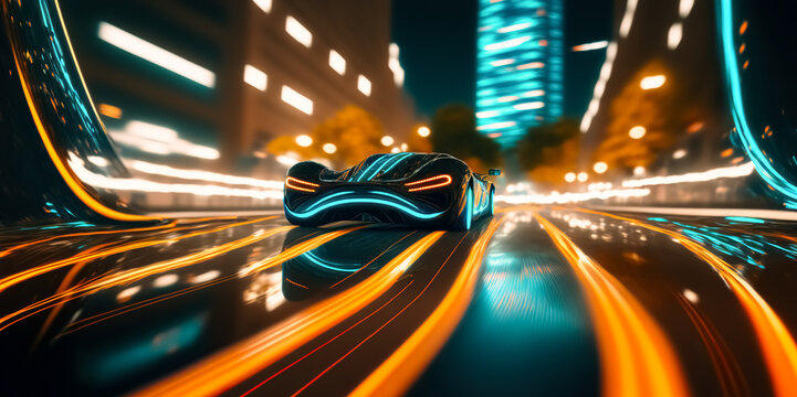 Speeding Sports Car On Neon Highway. Powerful acceleration of a supercar on a night track with colorful lights and trails. Lights of cars with night, long exposure.	