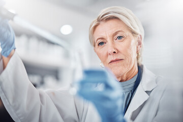 Science, chemistry and beaker with woman in laboratory for research, dna and vaccine analysis....