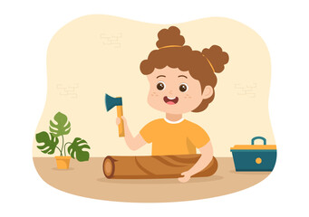 Woodworking with Wood Cutting by Modern Kids Craftsman and Worker using Tools Set in Flat Cartoon Hand Drawn Template Illustration