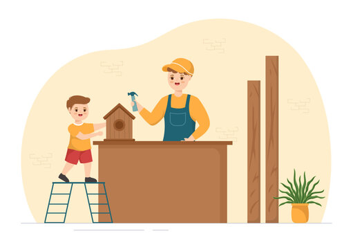 Woodworking with Wood Cutting by Modern Kids Craftsman and Worker using Tools Set in Flat Cartoon Hand Drawn Template Illustration