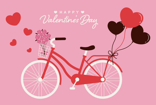 valentine’s day vector background with a bicycle with bouquet of roses and heart balloons for banners, cards, flyers, social media wallpapers, etc.