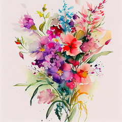 Watercolor painting of bright fresh spring flowers on a white background.