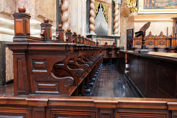 Detail of the Wooden Seats Placed in the Apse of the Cathedral of Valencia, Spain