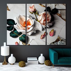 Beautiful roses and flowers split canvas, interior design ideas - generative ai