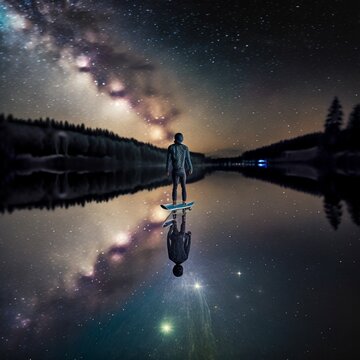 person skateboard through the night skies, stars and galaxy