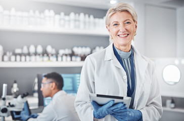 Tablet, portrait or senior scientist in laboratory with a happy smile, growth mindset or goals in medical science. Face, woman or mature doctor with dna health data or genetic research knowledge - Powered by Adobe