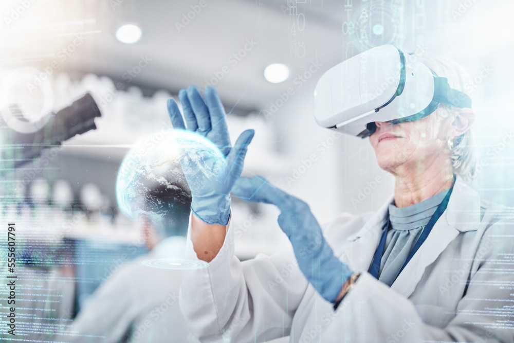 Poster VR, healthcare and digital with a doctor scientist in a lab for research or innovation. Metaverse, virtual reality and future with a medical science professional using software in a laboratory