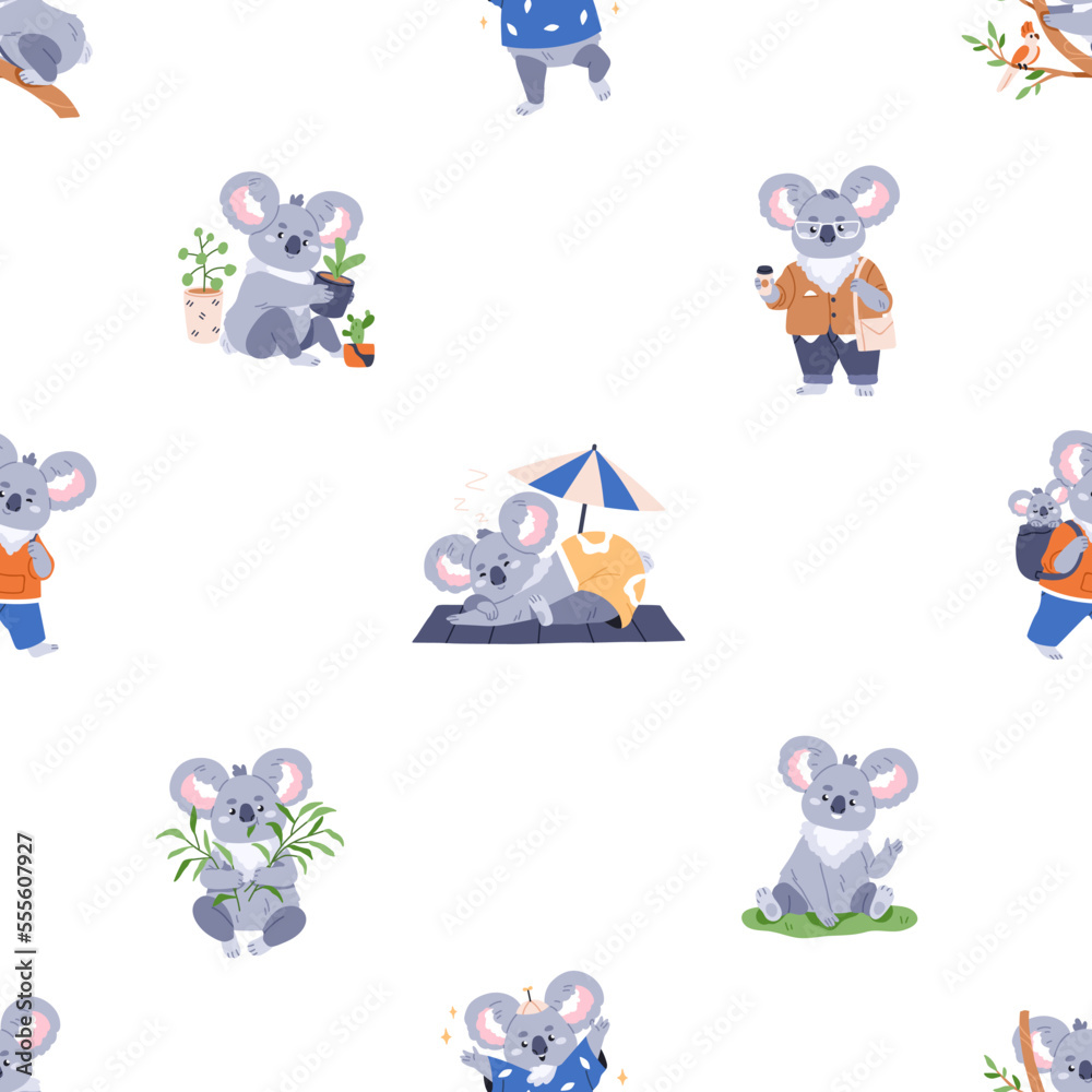 Poster seamless pattern with cute koala bears. kids repeating print with australian animal. endless backgro