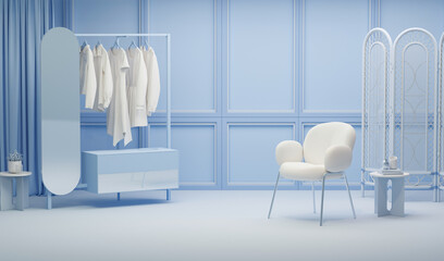 Creative interior design in blue studio with Clothes hanging on a rack, book and armchair. Pastel color background. 3D rendering for web page, presentation or picture frame

