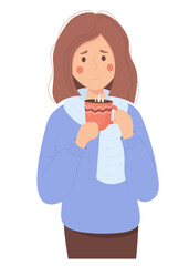 Cute girl in scarf and sweater is warming herself and drinking hot tea. Cartoon flat vector illustration.