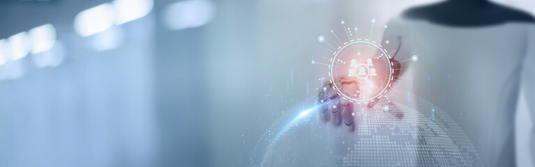 AI recruiting technology concept. Using artificial intelligence in the talent acquisition process. A robot choosing business people to hire. HR technology ecosystem strategies for HR professionals.