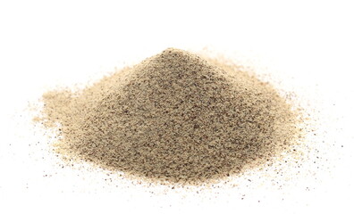 Ground white pepper, powder pile, peppercorn isolated on white 