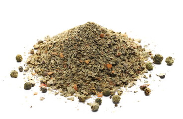 Mix seasoning, sea ​​salt, basil, other spices and lemon peel ( ​​salt, basil, cane sugar, garlic, lemon peel, green peppercorns, ground black pepper, ground chilies) isolated on white