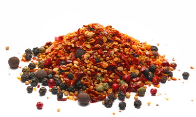 Spicy mixture of spices with chopped lemon peel, pile chili, peppercorns (black, green and red),...