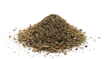 Basil dried spice, pile isolated on white
