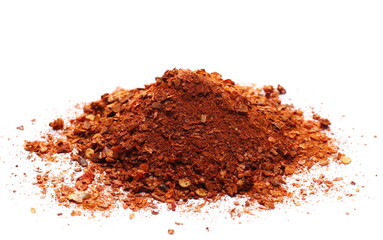 Crushed, ground dry pepper, spicy chopped paprika isolated on white 