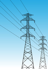 Electric tower against blue sky. Power line. Electric pylons. High voltage pole. Power transmission tower Vector Illustration.