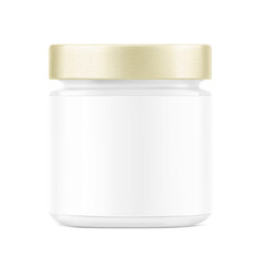 Realistic glass jar with metal lid mockup. Vector illustration isolated on white background. Can be use for your design, advertising, promo and etc. EPS10.	