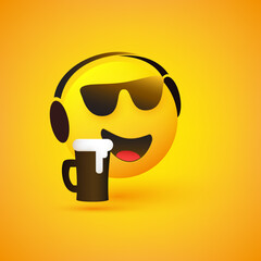 Smiling Emoticon Listening to Music - Face Wearing Sunglasses, Headphones and Frothy Beer in a Mug on Yellow Background - Vector Design Concept for Web, Social Media or Instant Messaging