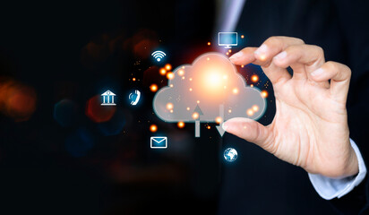 Digital image of the cloud technology. Cloud computing diagram hanging over hand. Networking and internet service concept. Business analysis, innovation, technology. Web services