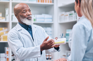 Healthcare, pharmacist and man at counter, medicine, prescription drugs and happy service at drug store. Health, wellness and medical insurance, black man and woman at pharmacy for advice and pills. - obrazy, fototapety, plakaty