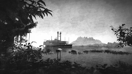 Steam ship floats on the river among the jungle - obrazy, fototapety, plakaty