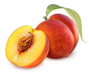 Red Peach fruit with leaf isolated on white background, Fresh Red Peach on White Background With clipping path