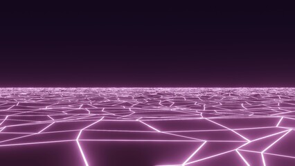 Retro fantastic background of the 80s. Wireframe landscape. Futuristic blue neon scenery. 3d rendering.
