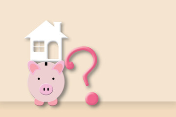 Question mark with pink piggy bank and home on pastel background. Concept for Financial or investment and economic problems. space for the text. illustration of 3d paper cut design style.