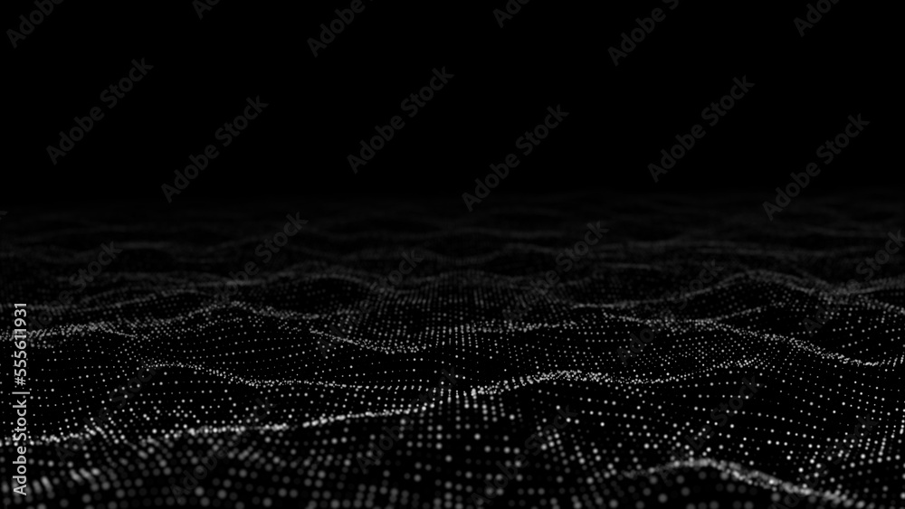 Poster Wave of digital particles on a black background. Abstract interlacing lines and points. Digital connection of elements. Simulation of the movement of small particles. 3D rendering.