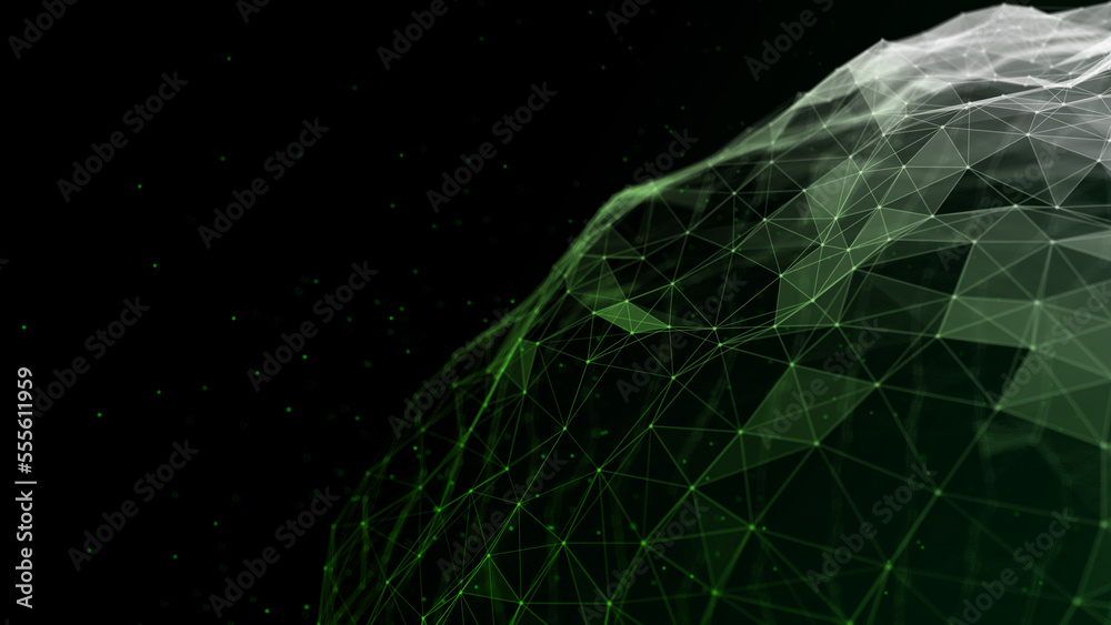 Poster Futuristic wave with lines and dots. Abstract background with a dynamic wave. Particle placement with hanging dots in space. Large data background. 3d rendering.
