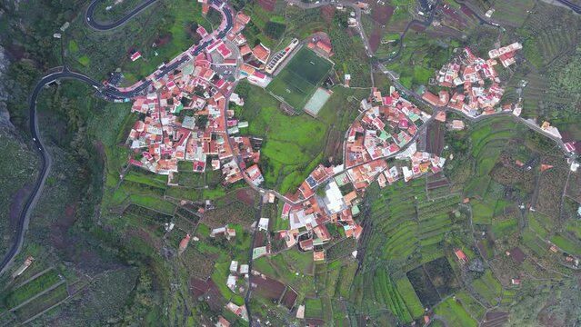 Aerial view of mountain village Agulo around Mirador de Abrante on La Gomera island. Beautiful village on island
