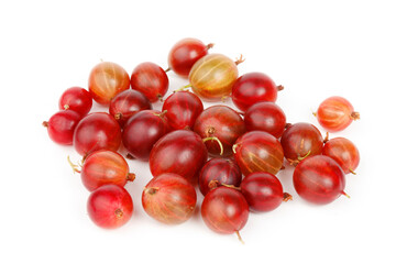 A bunch of red gooseberries scattered on a white background.