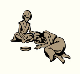 People suffering from hunger. Vector drawing