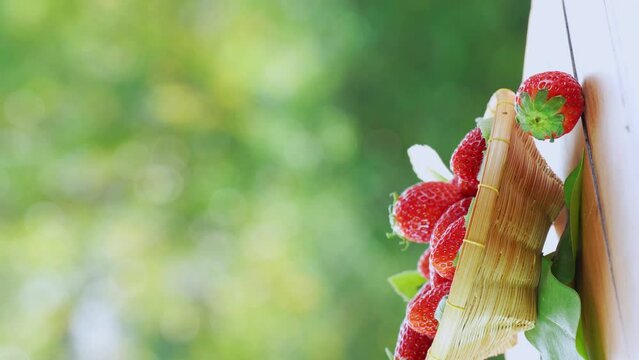 Red strawberry in wooden basket on blurred greenery background, Red Korean Strawberries on wooden table in garden.