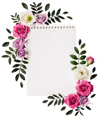 Empty Notepad and floral frame in pastel colors. Romantic concept, boho style, transparent...