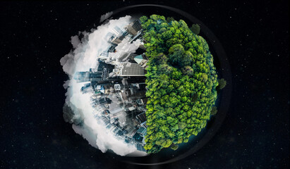 World, city buildings or forest in globalization crisis, climate change awareness or pollution environment security on black background. Globe, environment day or abstract urban trees on night mockup - obrazy, fototapety, plakaty